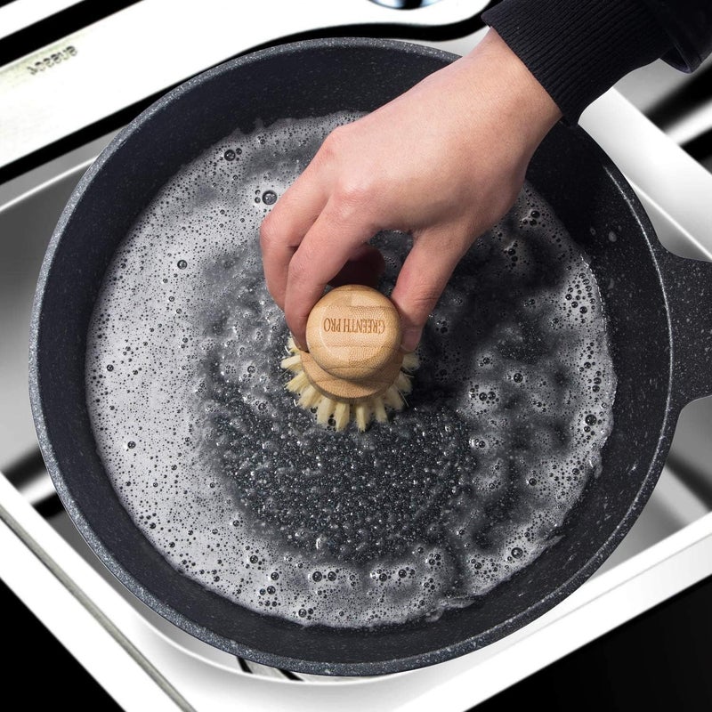 GREENTH PRO Palm Pot Dish Brush- Nature Bamboo 2 Packs Mini Durable Scrub for Kitchen Cleaning with Ceramics Holder - Image 4